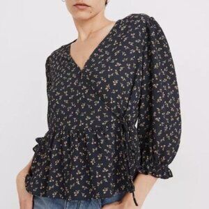 Madewell Women’s Navy Floral Puff-Sleeve Peplum Wrap Top in Spring Fling Size L